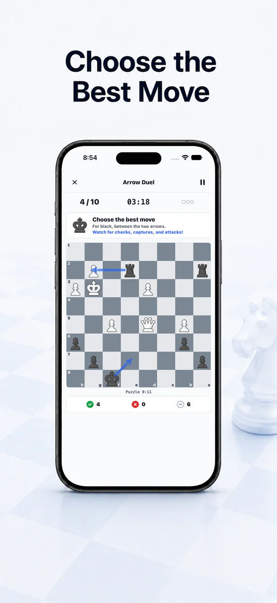 Arrow Duel showing two candidate moves on a chess puzzle