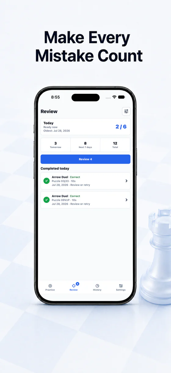 A scheduled Review queue with four chess puzzles remaining