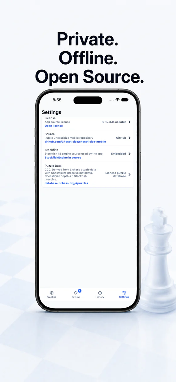 Settings showing privacy, public source, license, and bundled puzzle data details